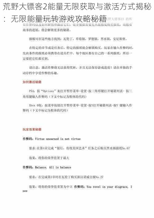 荒野大镖客2能量无限获取与激活方式揭秘：无限能量玩转游戏攻略秘籍